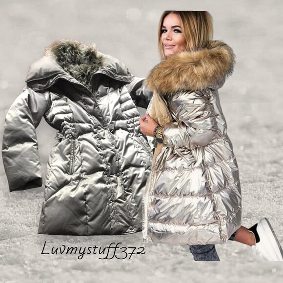 Gorgeous Utex Champagne Silver Goose Down Puffer Coat - Picture 1 of 15